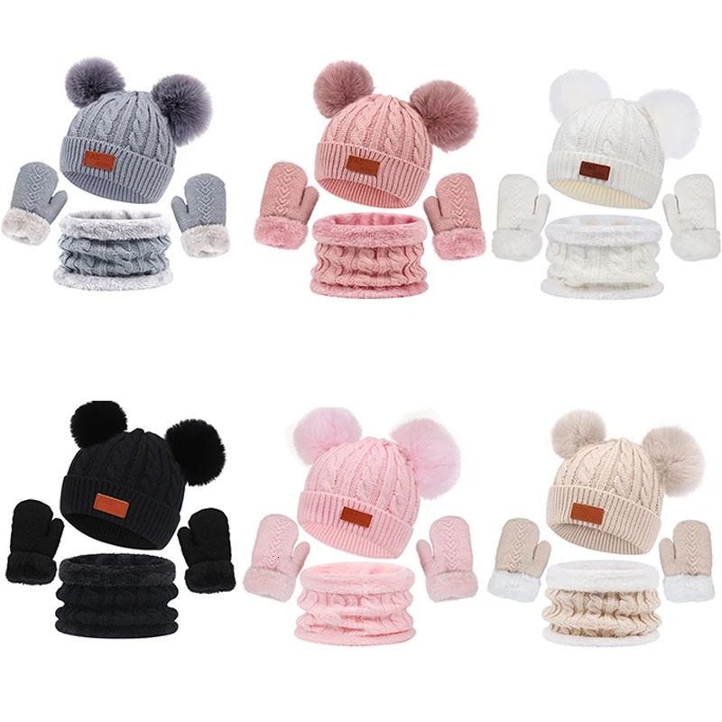 Caps Hats Kids Winter Hat Scarf Gloves Set Double Ball Fleece Lining Baby Hats for Boy Girl Solid Color Infant Knitting Beanie Cap 1-4Year 231202