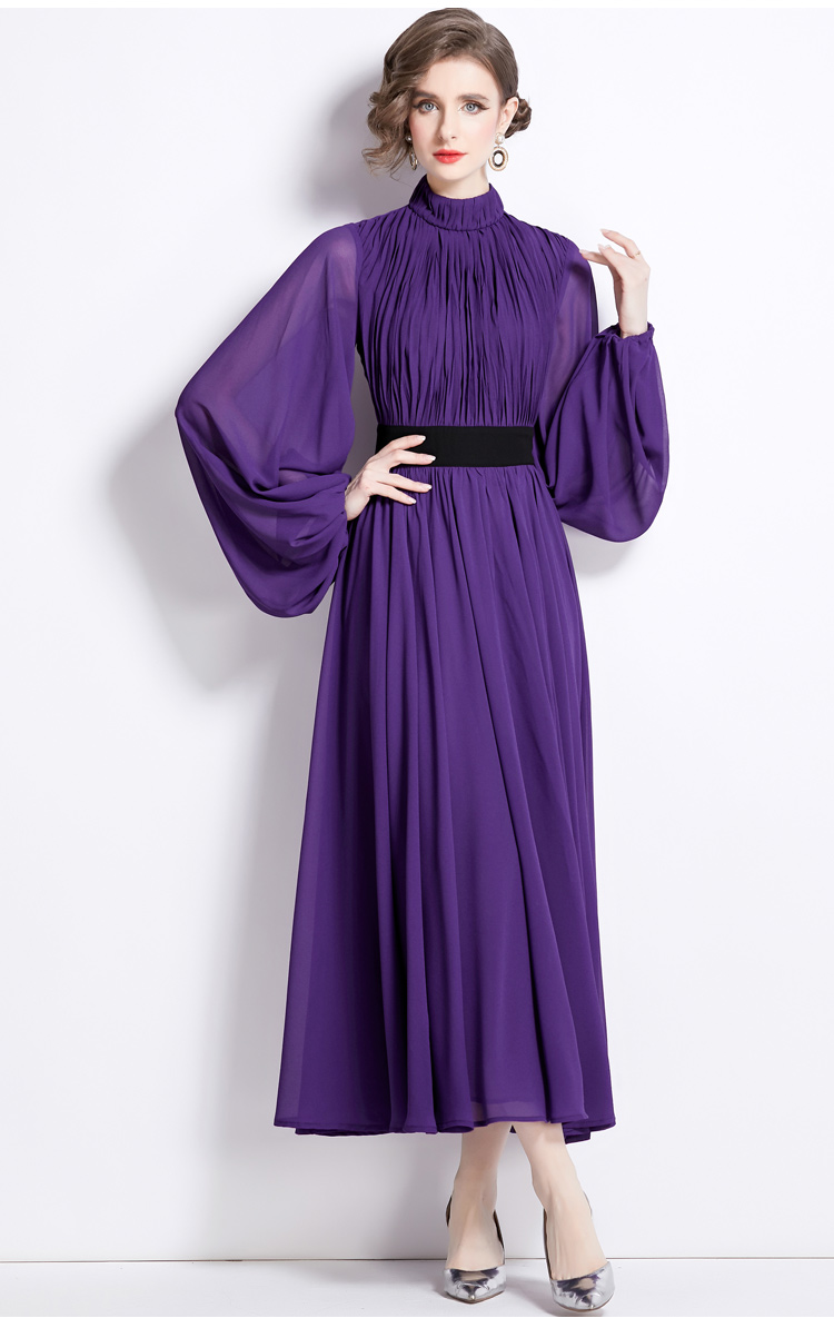 Casual Dresses Spring Runway Lantern Sleeve Chiffon Maxi Dress Women Elegant Stand Purple Pleated Party Evening Holiday Robes