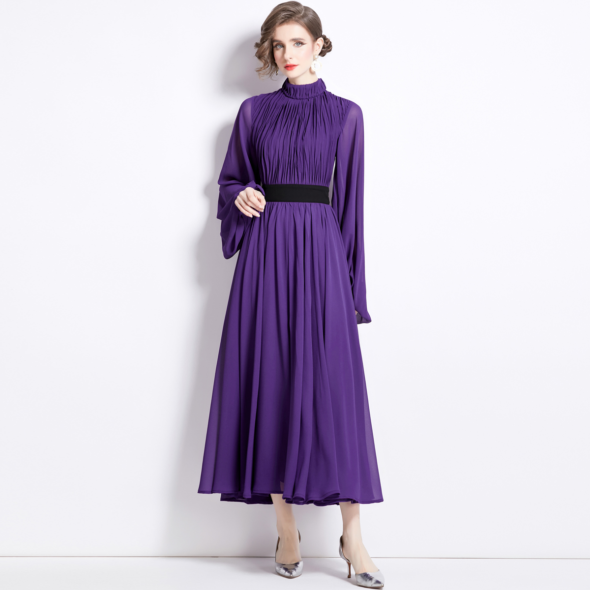 Casual Dresses Spring Runway Lantern Sleeve Chiffon Maxi Dress Women Elegant Stand Purple Pleated Party Evening Holiday Robes