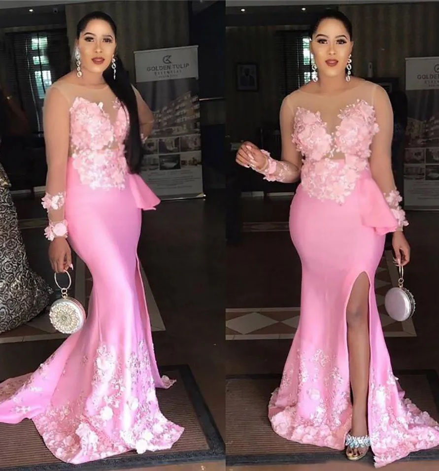 New Pink Mermaid Side Split Prom Dresses Sheer Neck Long Sleeves Satin Evening Gowns Prom Gowns Custom Made