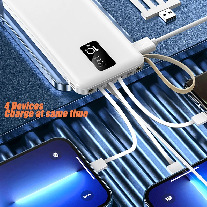 20000mah Power Bank Built in Cable Portable Charger External Battery Pack Powerbank 10000mAh For iPhone Xiaomi Samsung Huawei