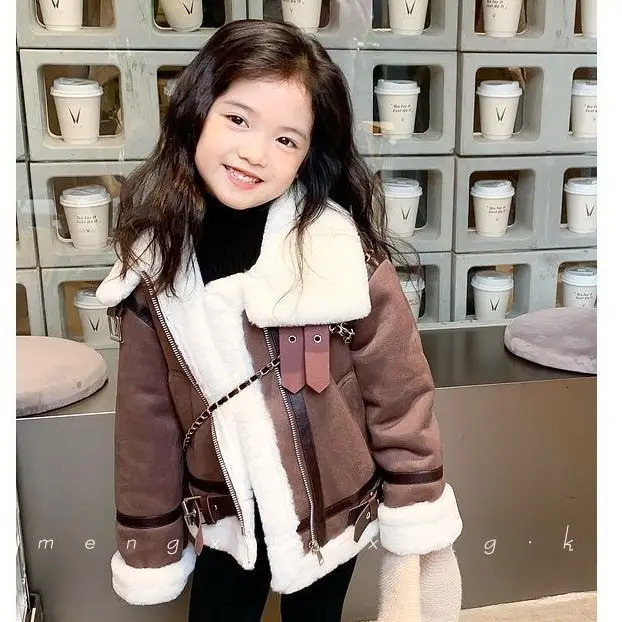 Jackets Baby Girls Woolen Fur Coat Winter Children's Clothes Korean Thickened Plush Warm Turn Down Collar Fashionable 4-12 Years V27 231202