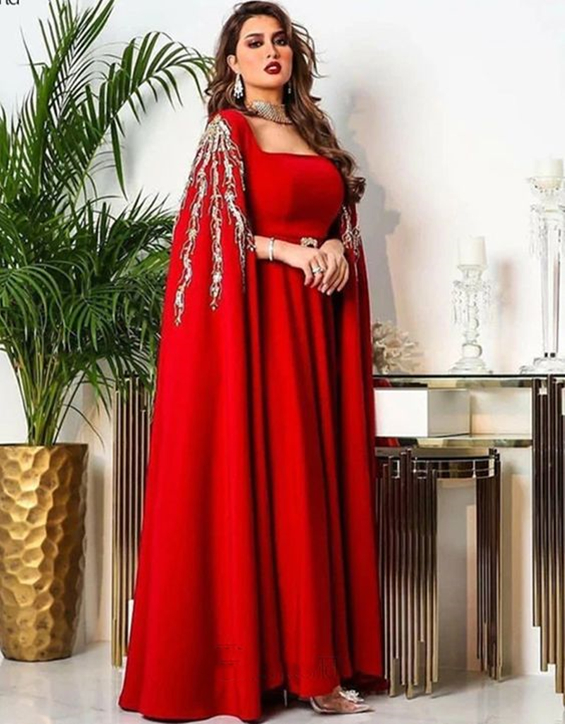 Elegant Arabic Kaftan Red Evening Dresses For Women Cape Sleeves Floor Length A Line Formal Dress Square Neck Long Satin Special Occasion Prom Gown 20
