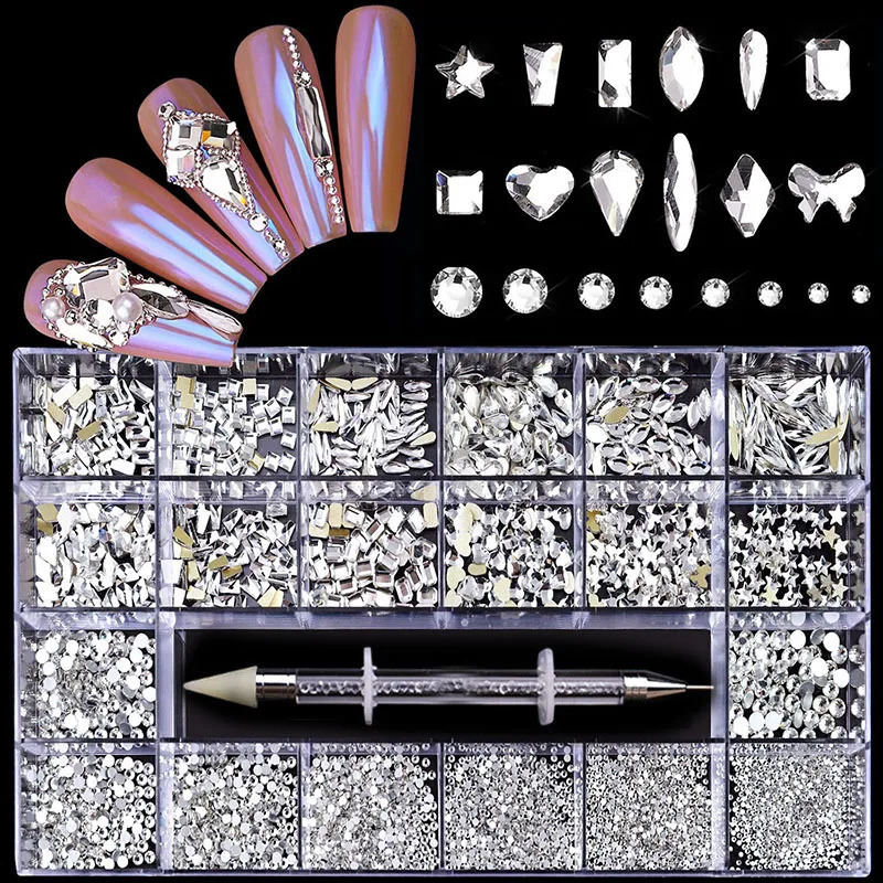 Shiny Diamond Nail Art Rhinestones Kit Glass Crystal Decorations Set 1pcs Pick Up Pen In Grids Box 21 Shapes of 2800pcs 241226