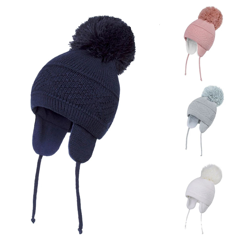 Caps Hats Winter Kids Hat Big Pompom Cartoon Cotton Knit Baby Beanie Hats for Boys and Girls with Fleece Lining Bomber Caps for Children 231202