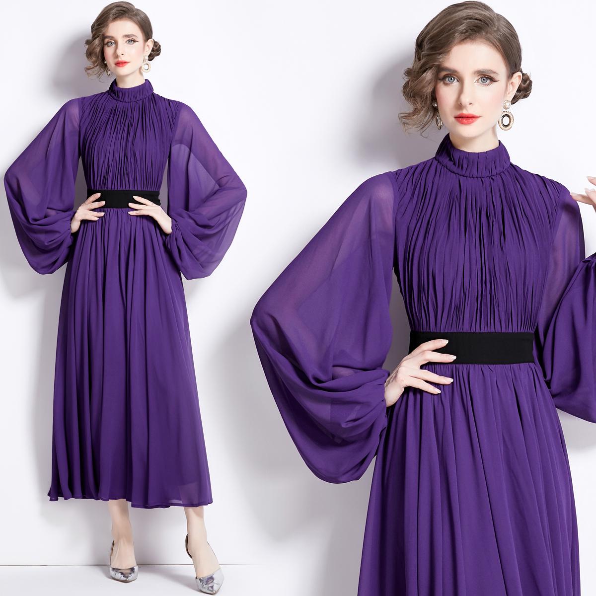 Casual Dresses Spring Runway Lantern Sleeve Chiffon Maxi Dress Women Elegant Stand Purple Pleated Party Evening Holiday Robes