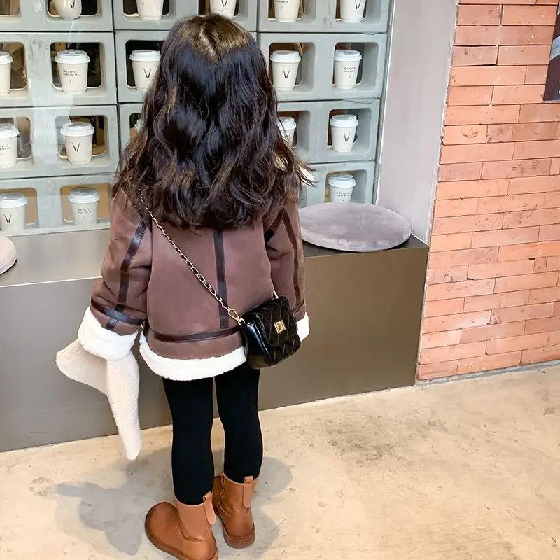 Jackets Baby Girls Woolen Fur Coat Winter Children's Clothes Korean Thickened Plush Warm Turn Down Collar Fashionable 4-12 Years V27 231202