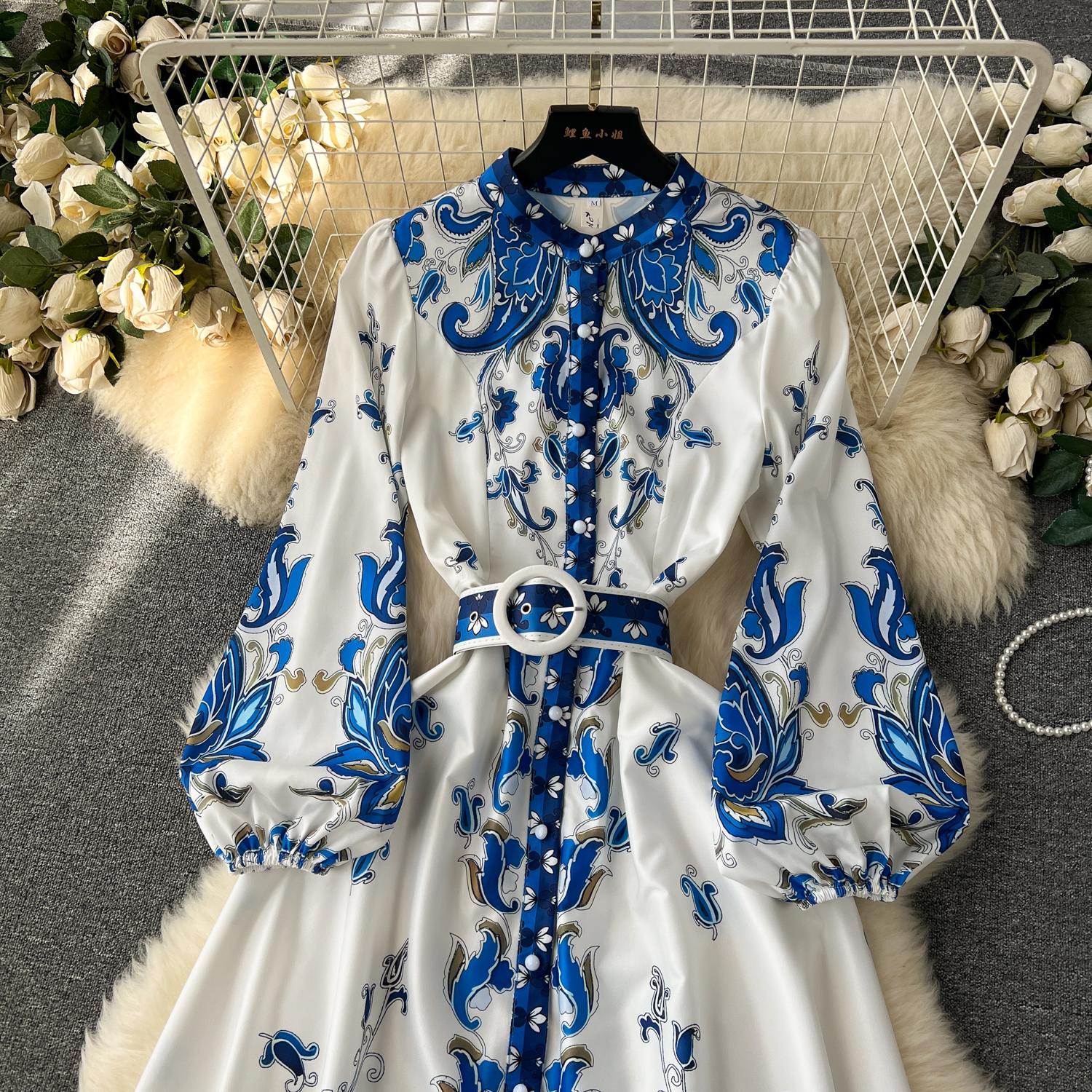 Casual Dresses Autumn Runway Blue Flower Dress Womens Stand Long Sleeve Single Breasted Floral Print Belt Holiday Boho Maxi Vestidos