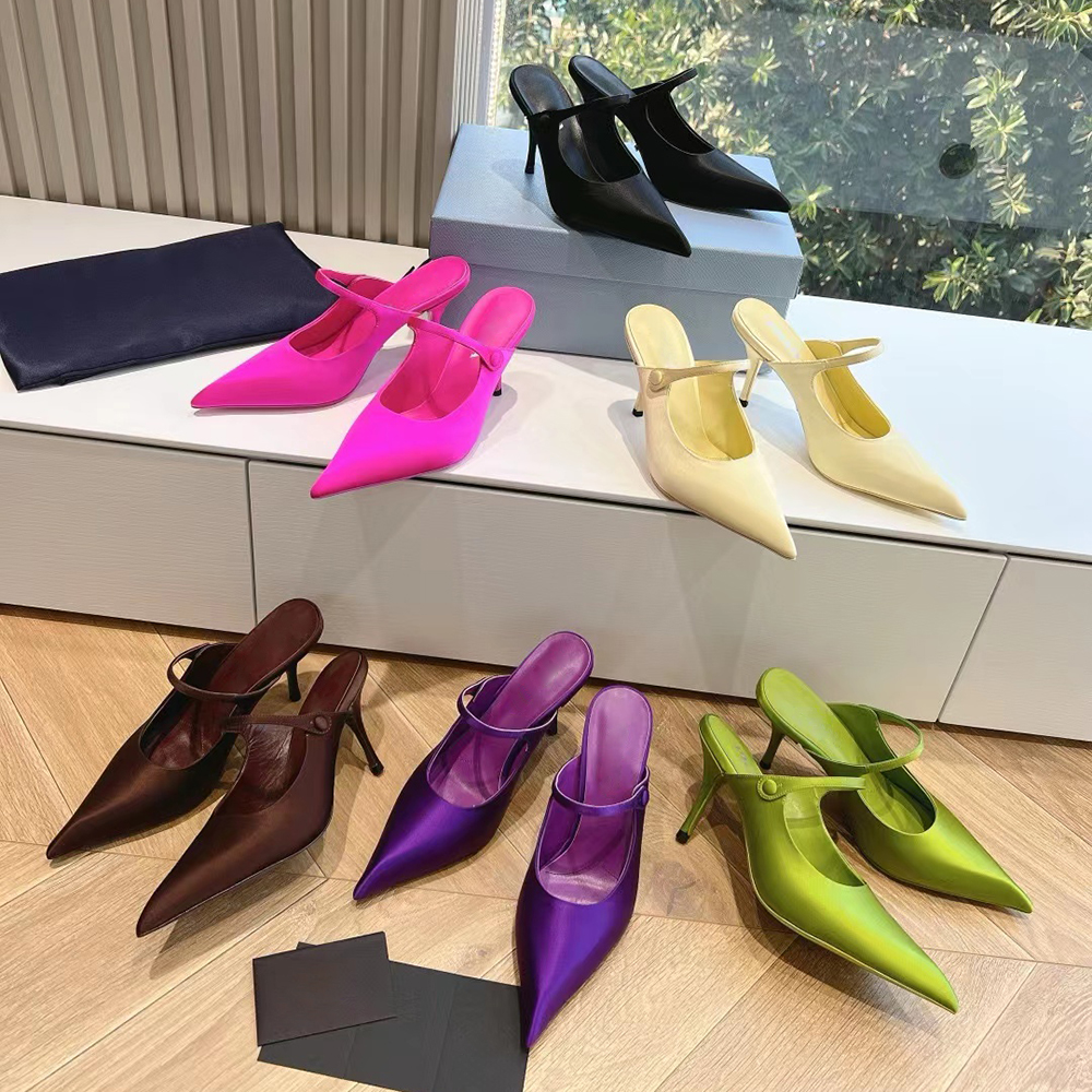 Silk satin pointed toe slippers mules Strap style 90 mm stiletto heel sandals leather outsole Pumps women's Luxury designers Evening shoes 35-42 With box