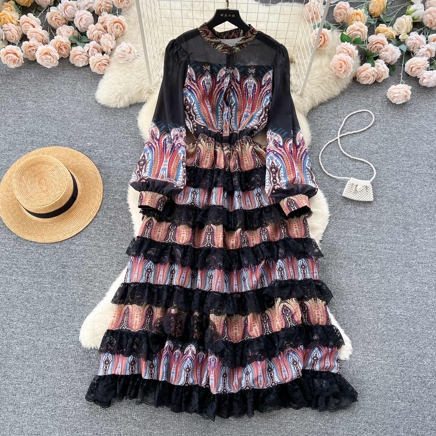 Casual Dresses Spring Runway Silk Chiffon Lace Cascading Dress Womens O-Neck Lantern Sleeve Oil Painting Printing Long Robe