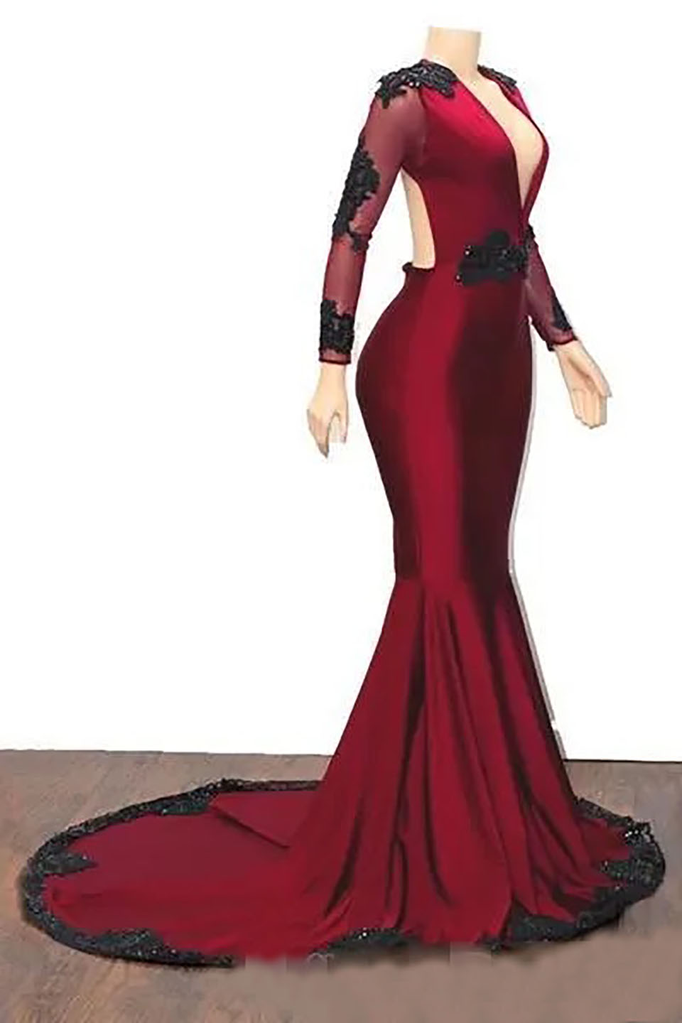 Evening Dresses Dark Red Prom Gown Party Formal Mermaid Trumpet V-Neck Long Sleeve Elastic Satin Black Applique New Custom Backless Zipper Lace Up