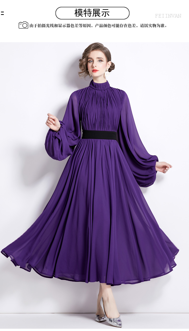 Casual Dresses Spring Runway Lantern Sleeve Chiffon Maxi Dress Women Elegant Stand Purple Pleated Party Evening Holiday Robes