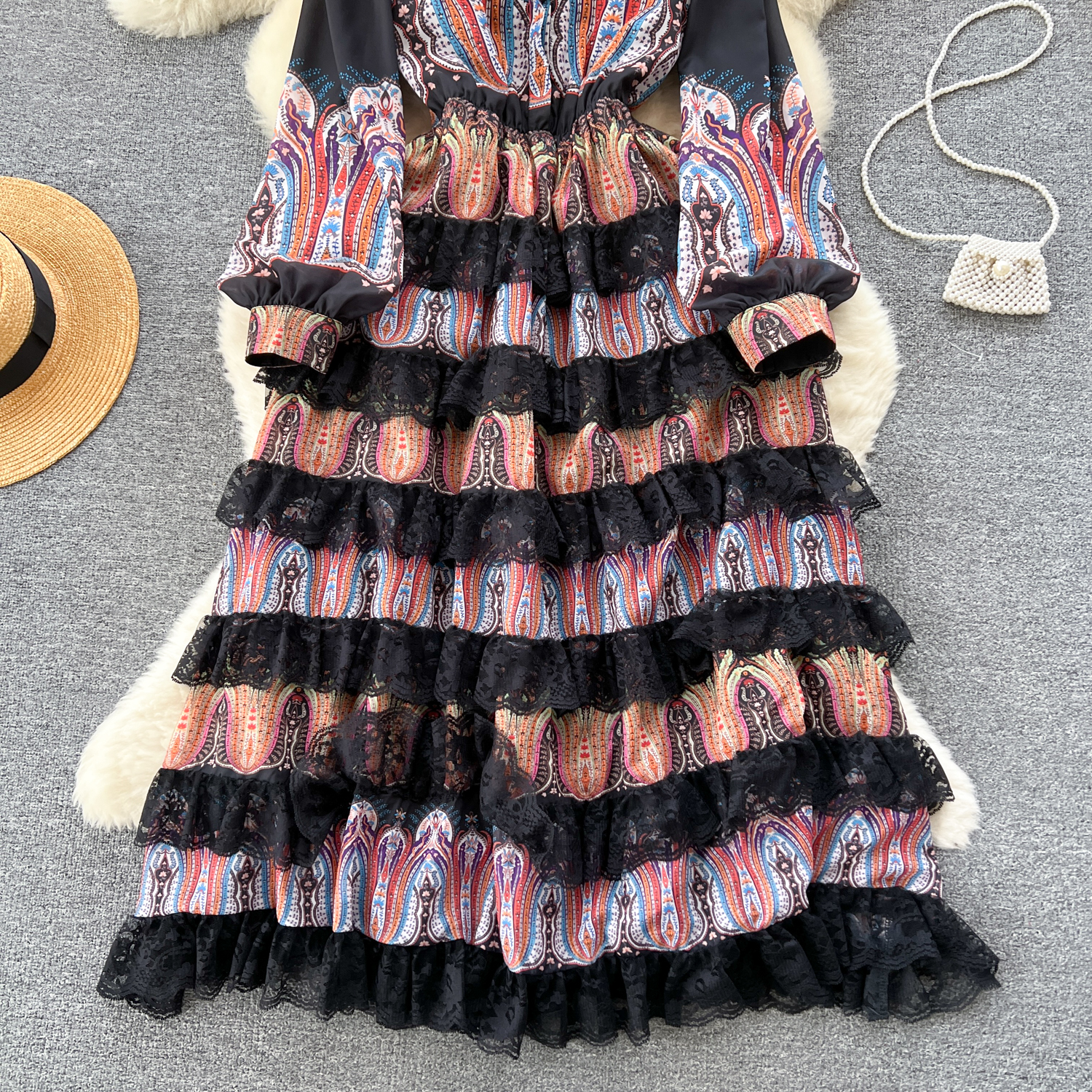 Casual Dresses Spring Runway Silk Chiffon Lace Cascading Dress Womens O-Neck Lantern Sleeve Oil Painting Printing Long Robe
