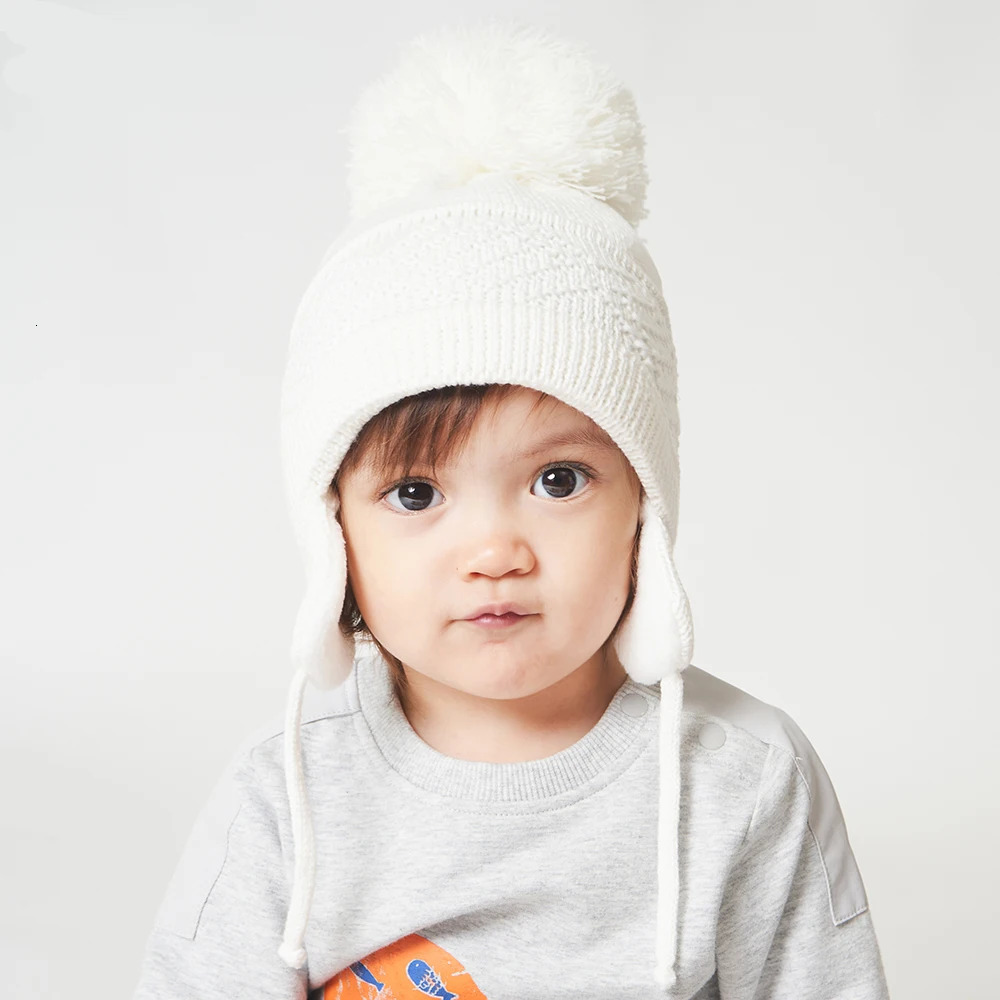 Caps Hats Winter Kids Hat Big Pompom Cartoon Cotton Knit Baby Beanie Hats for Boys and Girls with Fleece Lining Bomber Caps for Children 231202