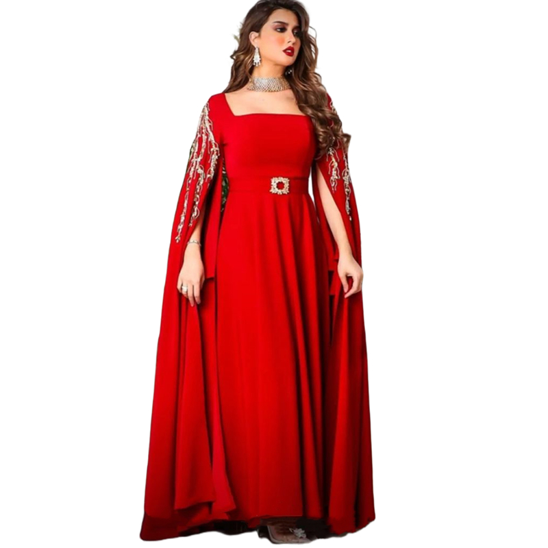 Elegant Arabic Kaftan Red Evening Dresses For Women Cape Sleeves Floor Length A Line Formal Dress Square Neck Long Satin Special Occasion Prom Gown 20
