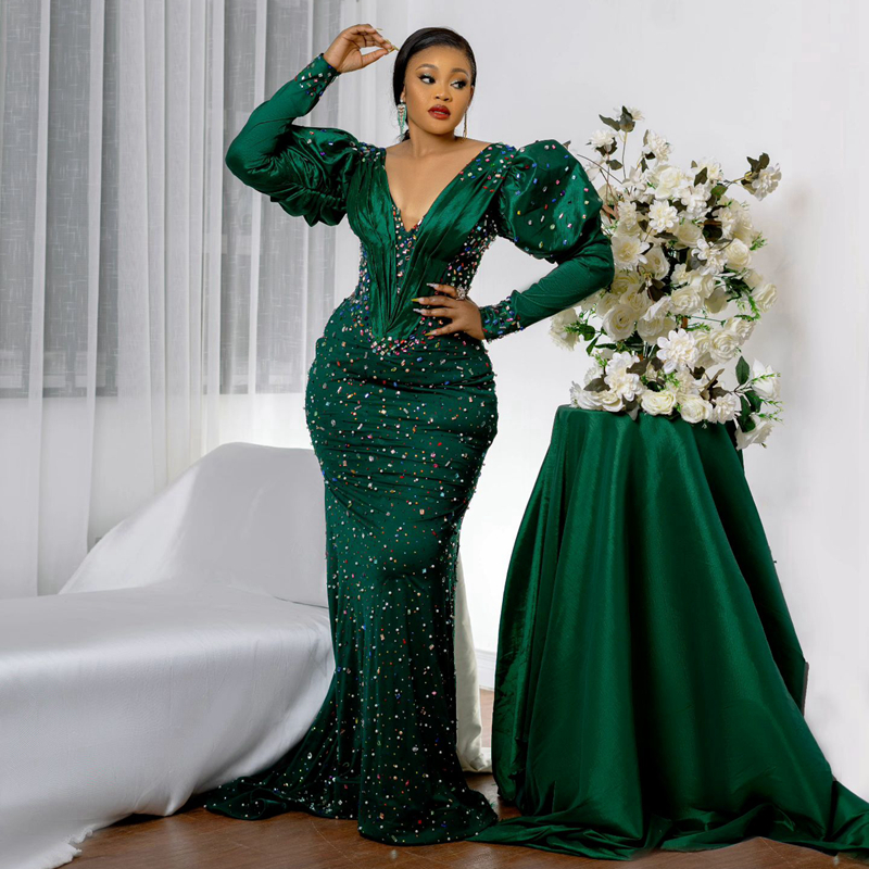 Emerald Green Aso Ebi Plus Size Dresses Long Sleeves Colorful Rehie Mermaid Birthday Party Prom Dress for Black Girls Second Reception Evening ST571