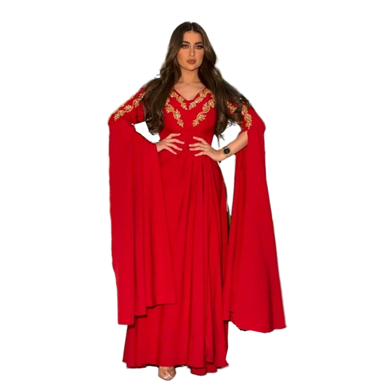 Elegant Arabic Long Sleeves Evening Dresses With Gold Lace Appliques V-Neck A Line Red Prom Dress For Women Caftan Dubai Special Occasion Gown 2024