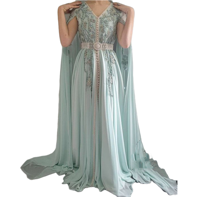 Elegant Moroccan Kaftan Chiffon Evening Dresses With Beaded Lace Appliques Cape Sleeves V-Neck Arabic Dubai Formal Party Gowns Mother Prom Dress 2024