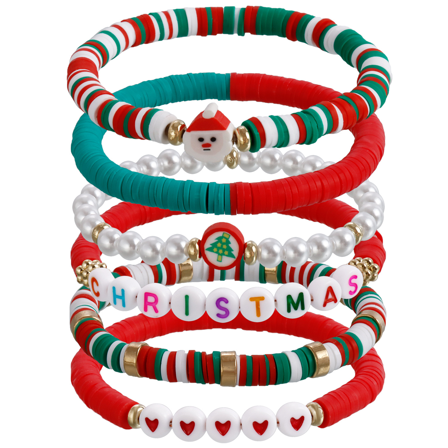 Christmas Bracelets Set Stackable Heishi Surfer Beaded Letter Santa Claus Tree Xmas Bracelet Handmade Women's Clay Stretch Holiday Jewelry for Wo