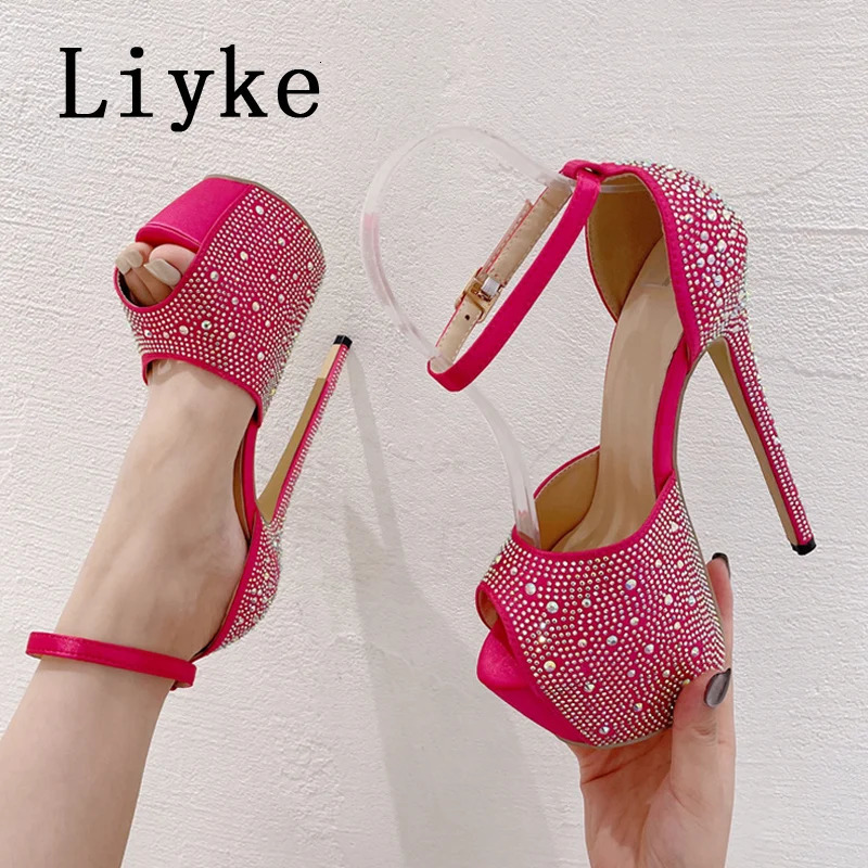 Sandals Liyke Elegant Women Party Wedding Prom Shoes Sexy Peep Toe Crystal Rhinestone Silk Extreme High Heels Platform Sandals Female 231204