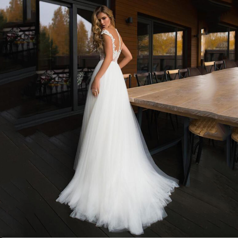 Tulle Illusion Fashionable Wedding Dresses For Women A-Line Sleeveless Hollow Mordern Covered Button Jewel Applique