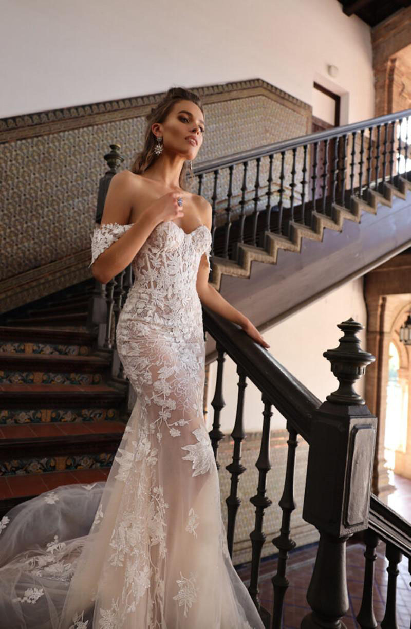 Off-Shoulder Mermaid Wedding Dresses For Bride Exquisite Strapless Backless Trendy Applique Illusiom Made To Order