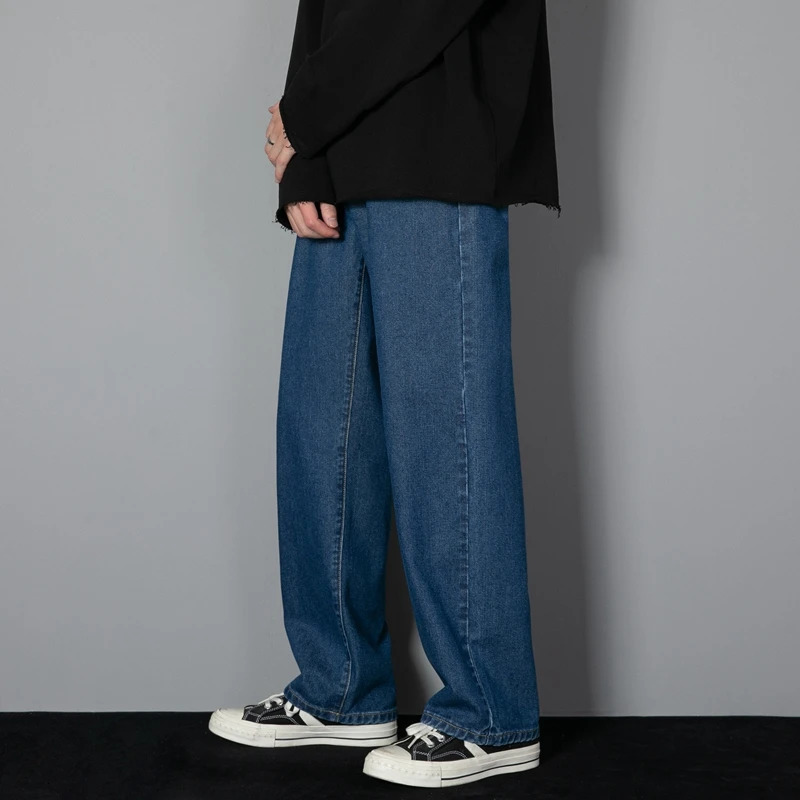 Mens Jeans Korean mens casual long jeans classic straight denim wide leg pants solid color light blue gray black 3XL 231202