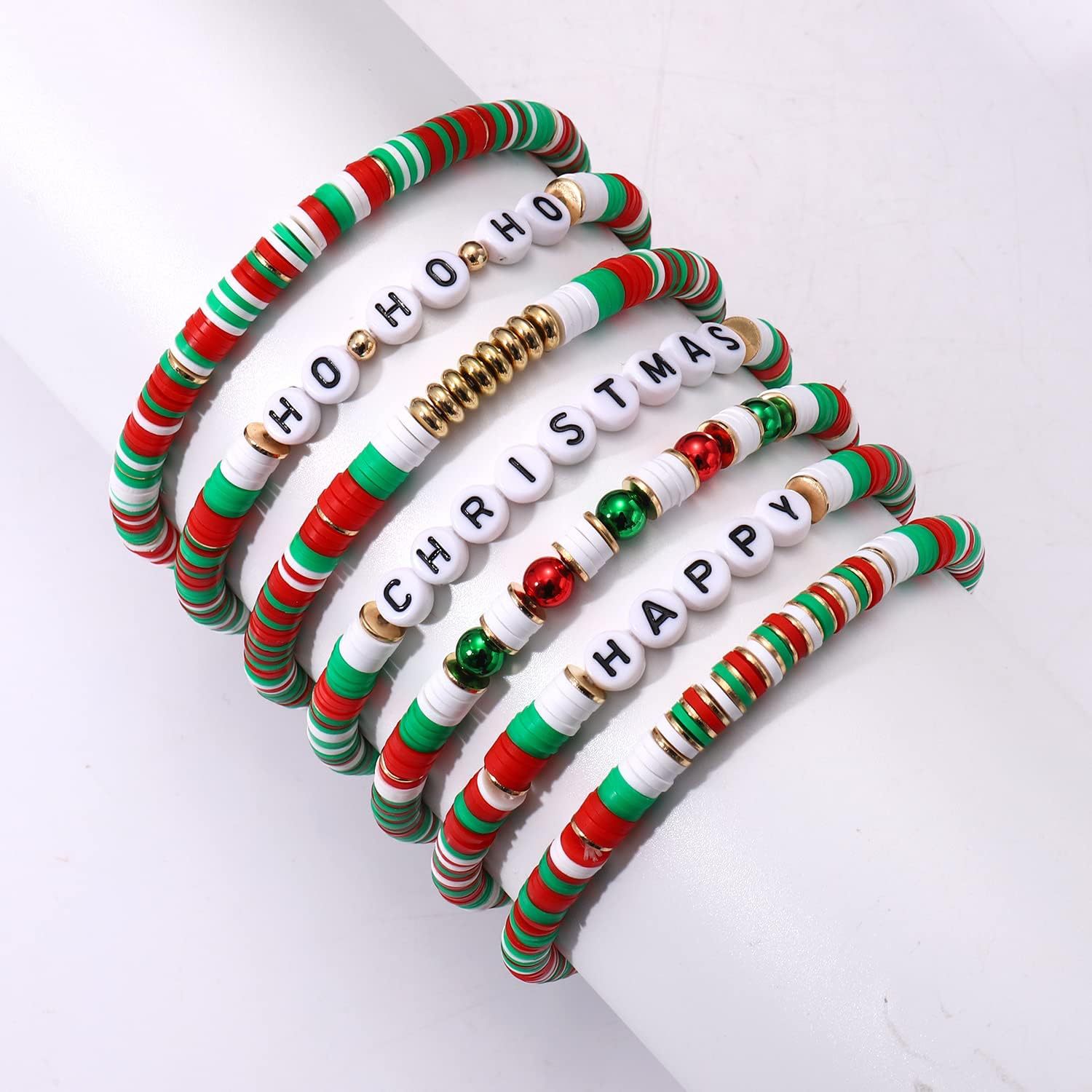 7pcs Christmas Beaded Bracelets Set Holiday Heishi Stretch Strands Red Green Polymer Clay Letter Stackable Friendship Charms Summer Surfer Beach Jewel