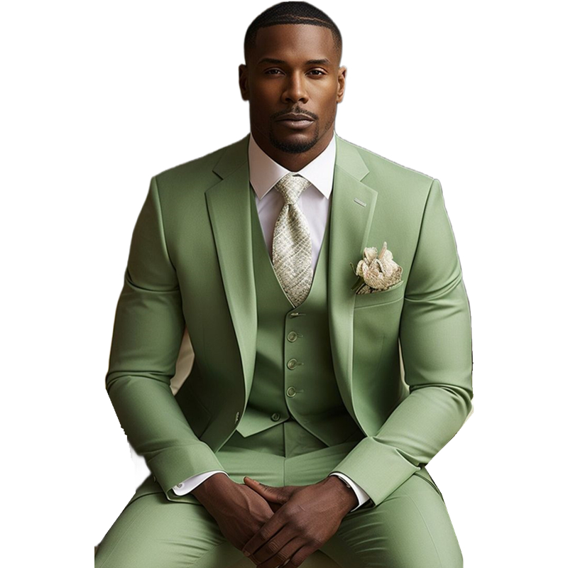 Sage Green Men Suits Wedding Tuxedos Groom Wear Three Pieces Slim Fit Prom Party Blazer Pants Vest Groomsmen Suit