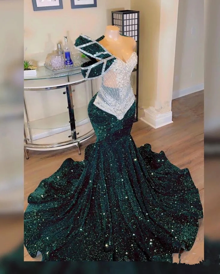 Sparkly Emerald Green Sequins Prom Dresses 2024 For African Women Sheer Neck One Shoulder Dia Black Girl Birthday Gowns 322 0219