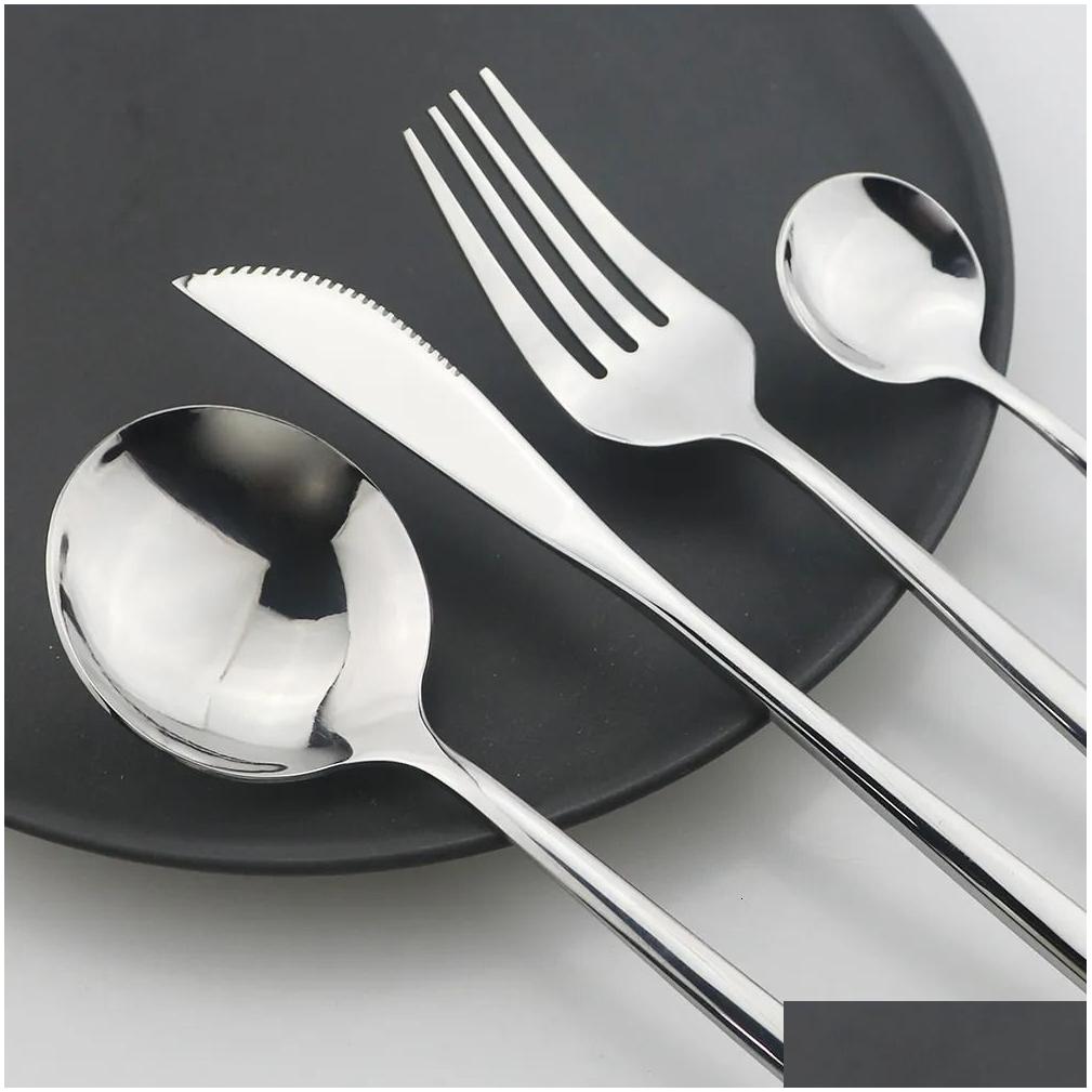 Cookware Sets 24Pcs Black Handle Golden Cutlery Set Stainless Steel Knife Fork Spoon Tableware Flatware Festival Kitchen Dinnerware Gi Dhowy