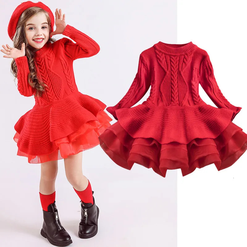 Girl's Dresses Winter Warm Thick Knit Girl Dress 3-8 Years Kids Long Sleeve Sweater Christmas Tutu Gown Toddler Evening Party Princess Costume 23