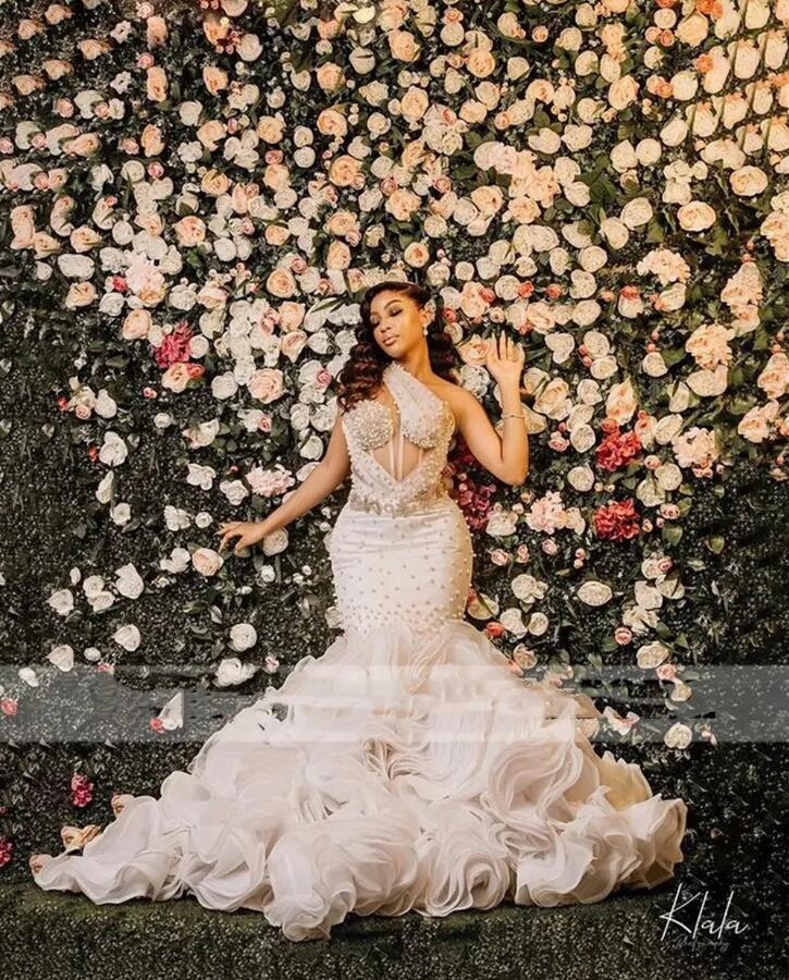 Arabic Aso Ebi Lace Mermaid Wedding Dress Sexy One Shoulder Beaded Pearls Luxurious Bridal Gowns Dresses ruffles skirt organza