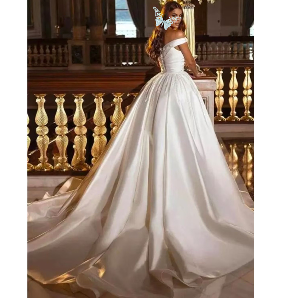 Satin Bridal Sleeveless Gowns Charming A E Off The Shoulder Wedding Dress Lace Appliques Brides Vestidos De Novia YD