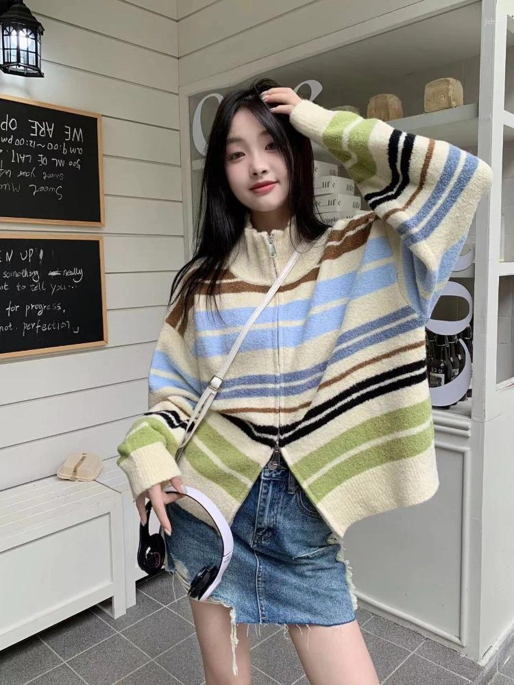 Womens Knits Dopamine Y2k Cardigan Striped Contrast Color Zipper Stand Neck Design Women Clothing Autumn Harajuku Casual Loose Sweaters