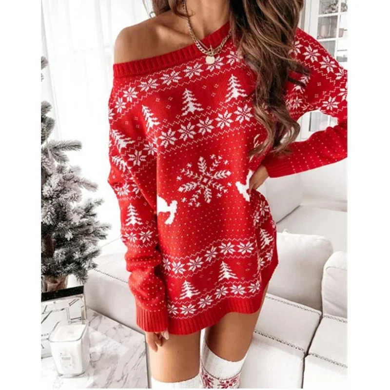 Urban Sexy Dresses Christmas Sweater Dress For Women Red Years Clothing Evening Xmas Long Sleeve Pullover Winter Loose Mini Party Dresses 231204