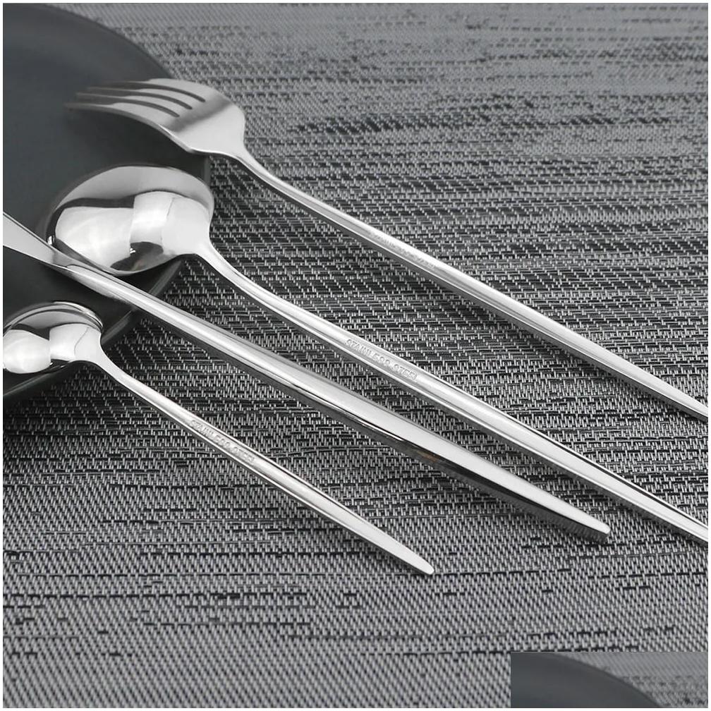 Cookware Sets 24Pcs Black Handle Golden Cutlery Set Stainless Steel Knife Fork Spoon Tableware Flatware Festival Kitchen Dinnerware Gi Dhowy