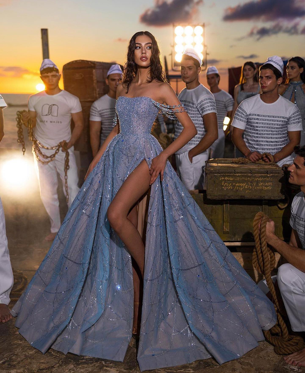 Modern Prom Dresses Pearls Beading Off Shoulder Pleats Backless Crystal Evening Gowns Formal Side Slit