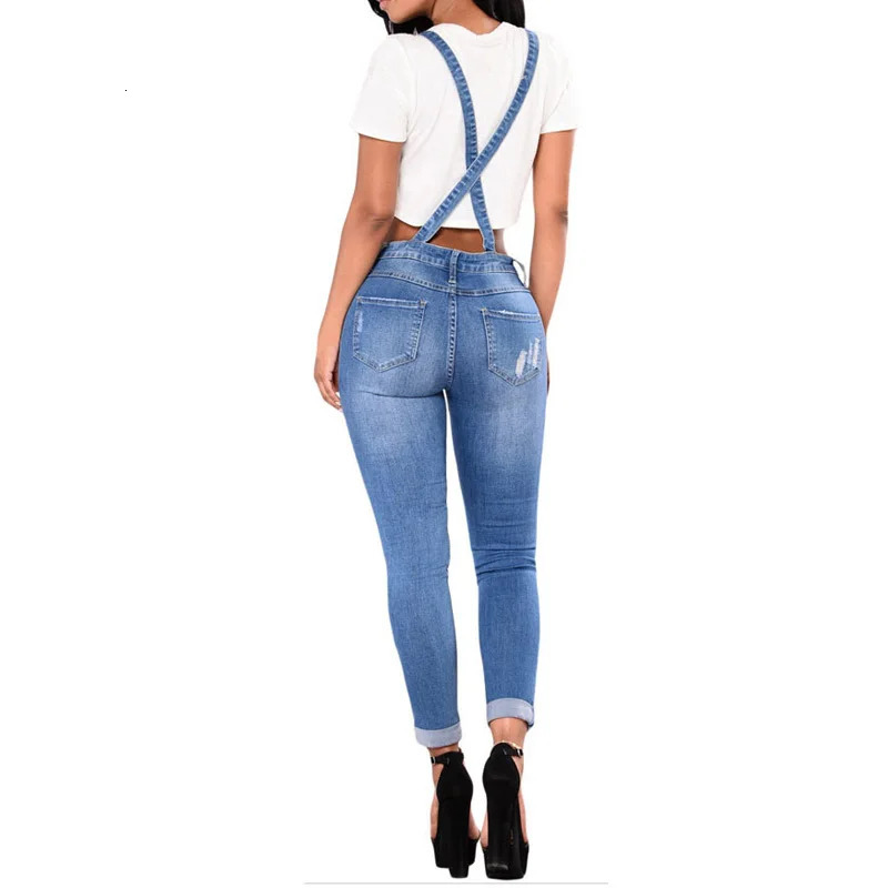 Women's Jumpsuits Rompers Women Strap Denim Jumpsuit Ladies Silm Fit Jeans Rompers Vintage Casual Female Ripped Pocket Suspenders Overall Playsui