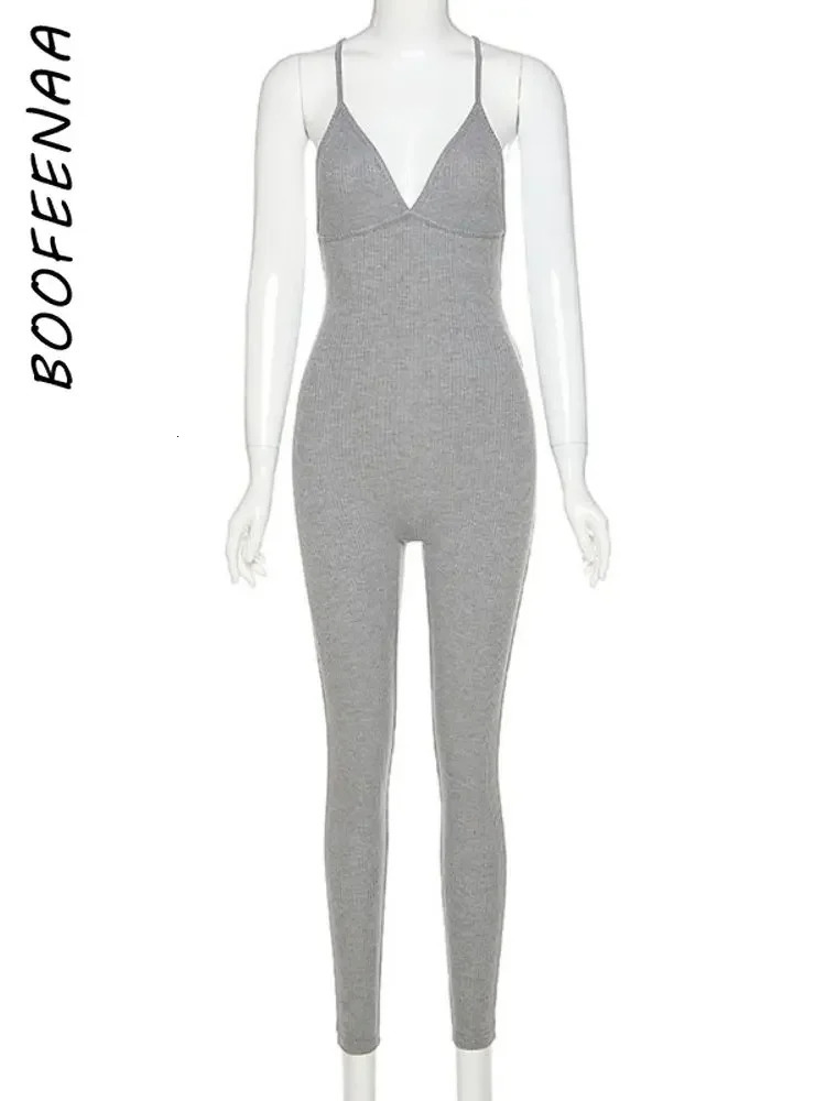 Women's Jumpsuits Rompers BOOFEENAA Comfy Grey Ribbed Knit Jumpsuit Women Fall Sexy Deep V Neck Backless Bodycon Romper C87-CZ20 231202