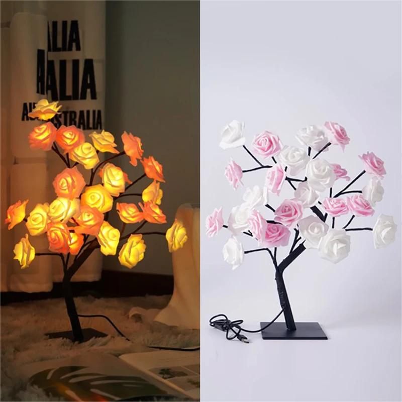 24 LED Rose Tree Lights USB Plug Table Lamp Fairy Flower Night Light For Home Party Christmas Wedding Bedroom Decoration Gift D3.0