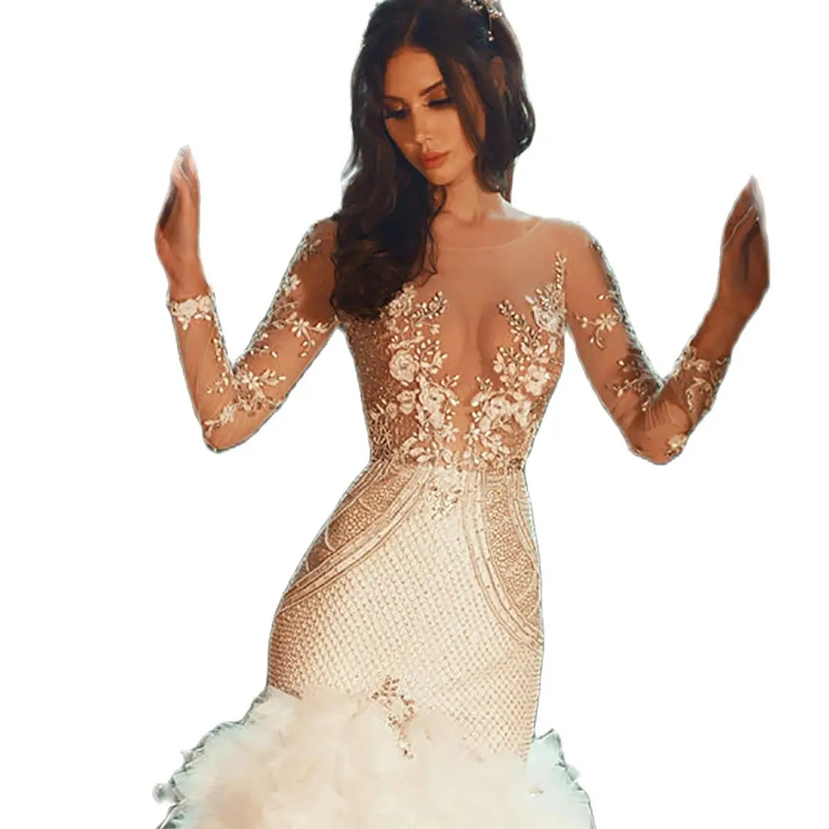 Elegant Arabic Mermaid Plus Size Wedding Dresses Court Train Long Sleeve Lace Bridal Dresses Beaded Crystal Wedding Gowns