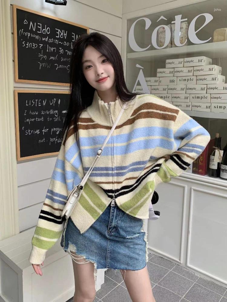 Womens Knits Dopamine Y2k Cardigan Striped Contrast Color Zipper Stand Neck Design Women Clothing Autumn Harajuku Casual Loose Sweaters
