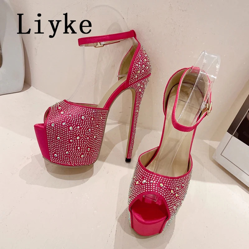 Sandals Liyke Elegant Women Party Wedding Prom Shoes Sexy Peep Toe Crystal Rhinestone Silk Extreme High Heels Platform Sandals Female 231204