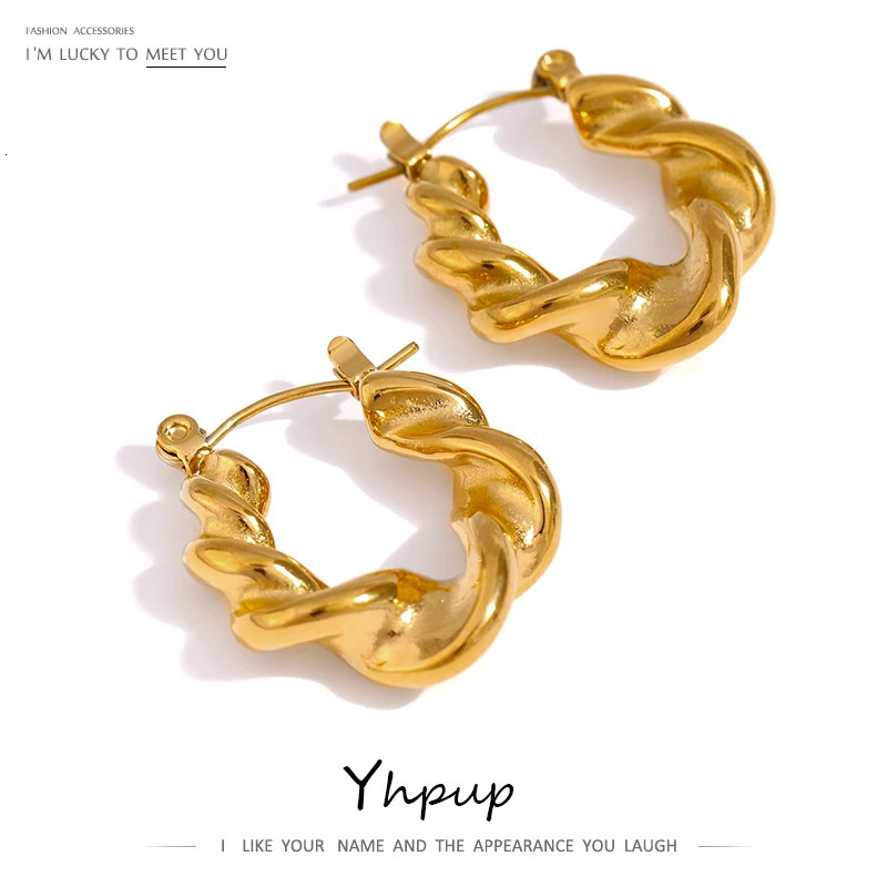 Charm Yhpup Stainless Steel Twist Hoop Earrings Metal 18 K Gold Plated Temperament Jewelry Minimalist Geometric Summer Gift Waterproof 231204
