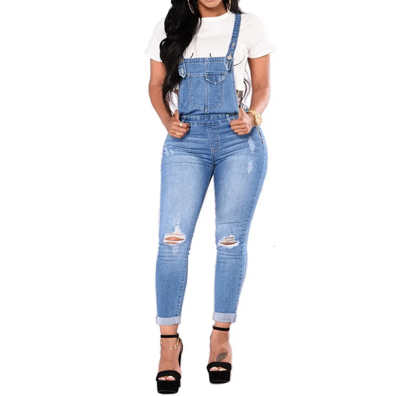 Women's Jumpsuits Rompers Women Strap Denim Jumpsuit Ladies Silm Fit Jeans Rompers Vintage Casual Female Ripped Pocket Suspenders Overall Playsui