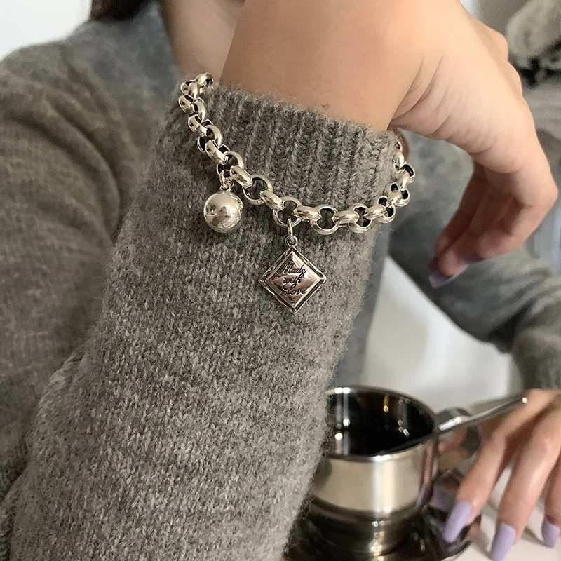 Chain VENTFILLE 925 Sterling Silver Square Charms Bracelet for Women Ball Hip Hop Thai Jewelry Dropship Wholesale 231204