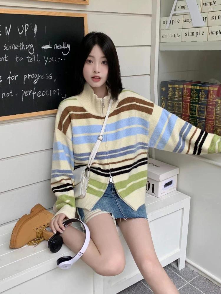 Womens Knits Dopamine Y2k Cardigan Striped Contrast Color Zipper Stand Neck Design Women Clothing Autumn Harajuku Casual Loose Sweaters