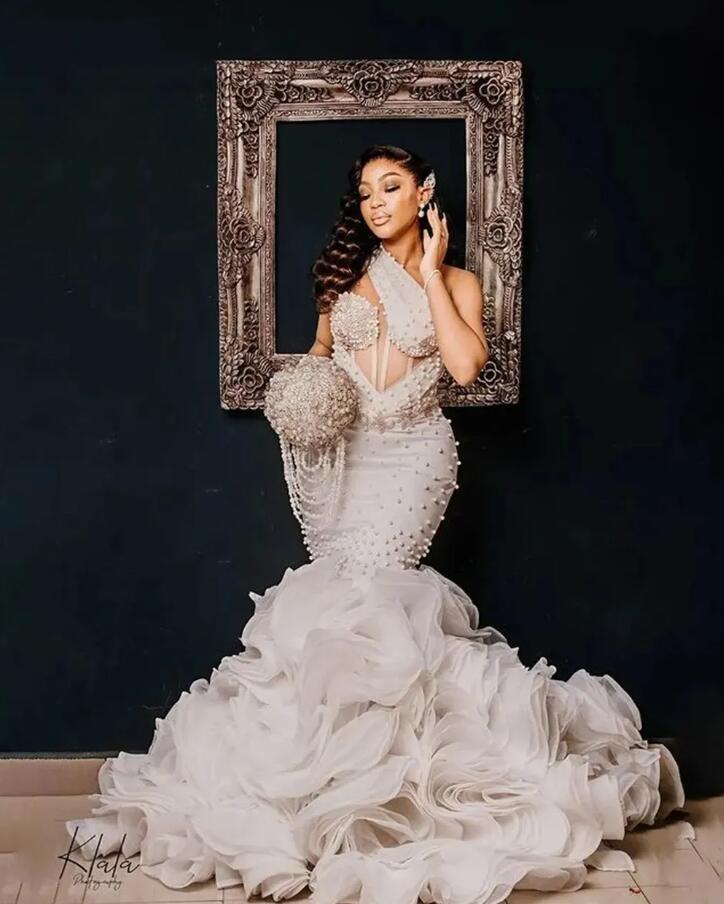Arabic Aso Ebi Lace Mermaid Wedding Dress Sexy One Shoulder Beaded Pearls Luxurious Bridal Gowns Dresses ruffles skirt organza