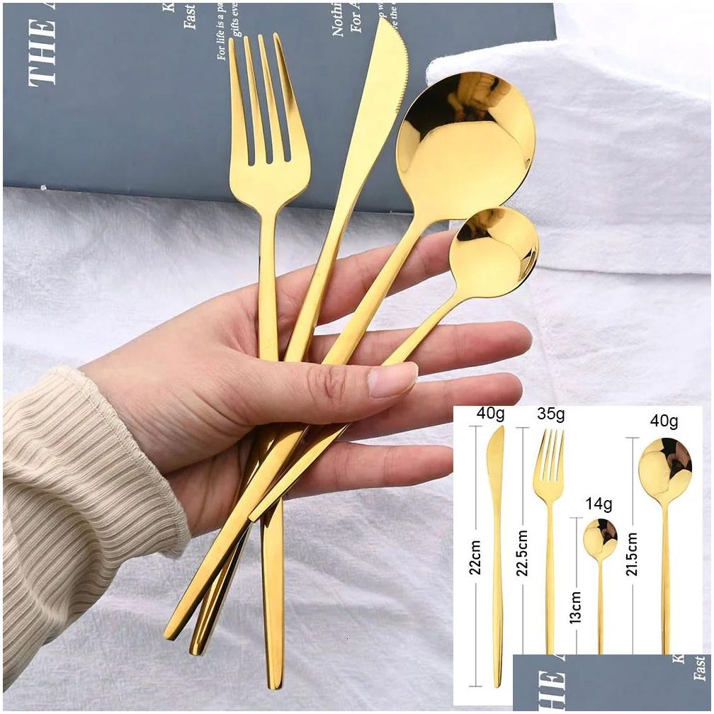 Cookware Sets 24Pcs Black Handle Golden Cutlery Set Stainless Steel Knife Fork Spoon Tableware Flatware Festival Kitchen Dinnerware Gi Dhowy
